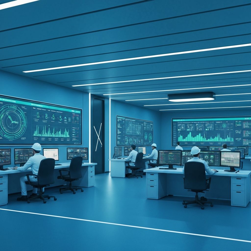 AI-powered industrial maintenance control room with monitoring displays